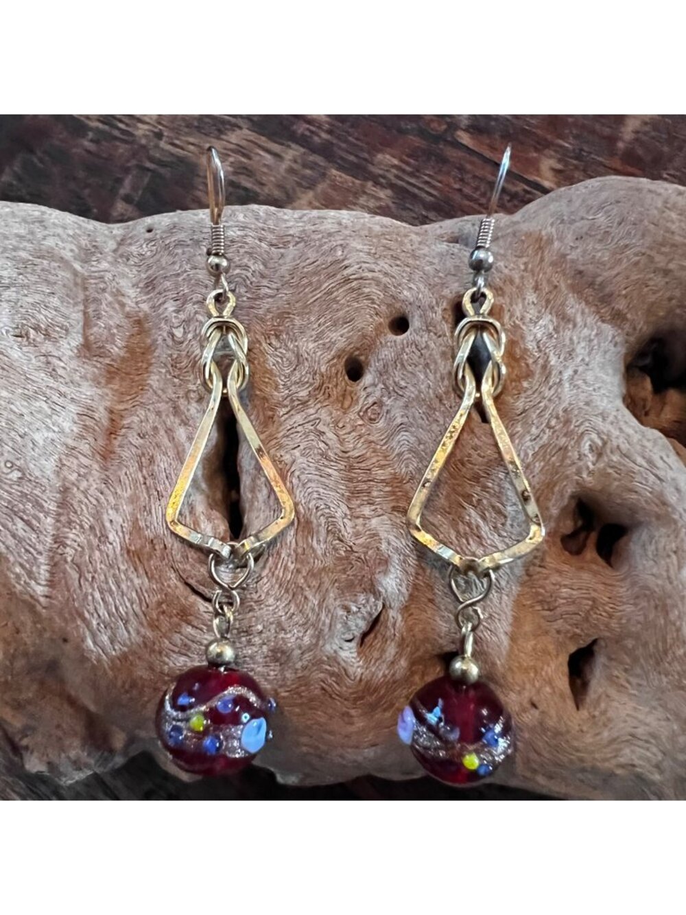 Gold-Tone Hammered Triangle Earrings With Red Glass Bead Accents